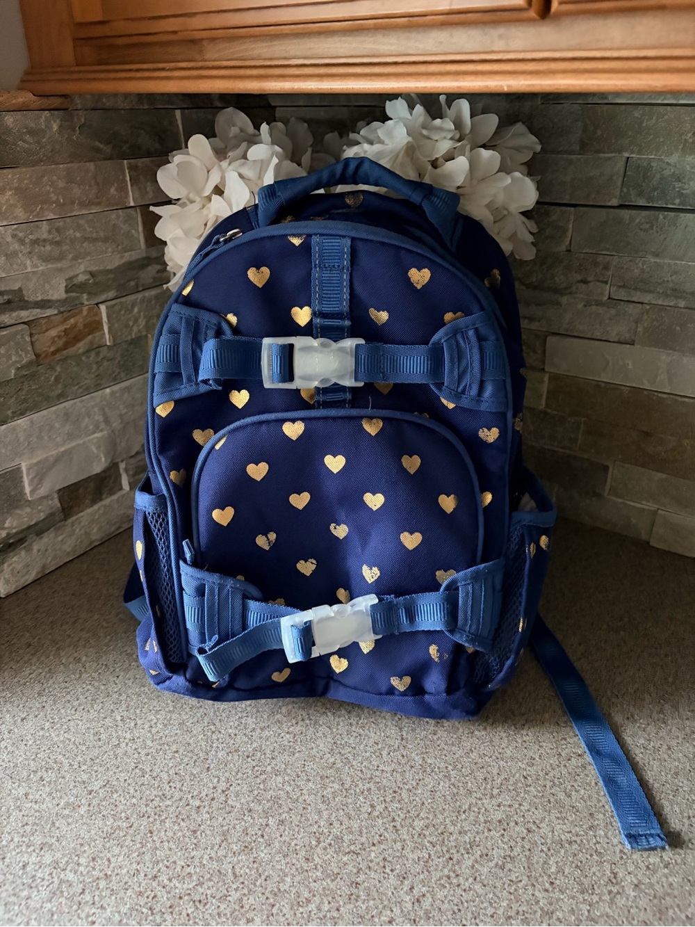 Pottery Barn Kids Navy Backpack with Metallic Gold Hearts (Small)